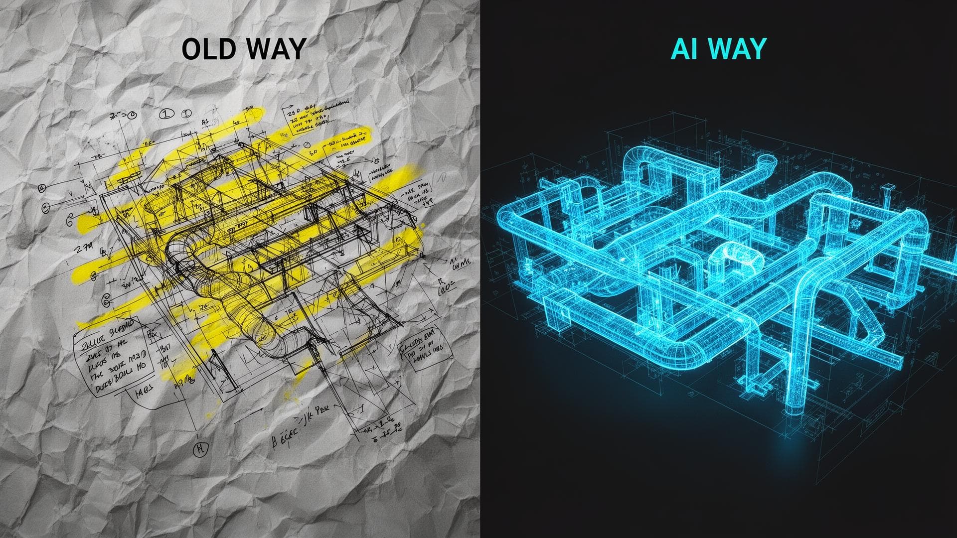 Side-by-side: marked-up paper plan versus AI-digitized ductwork geometry